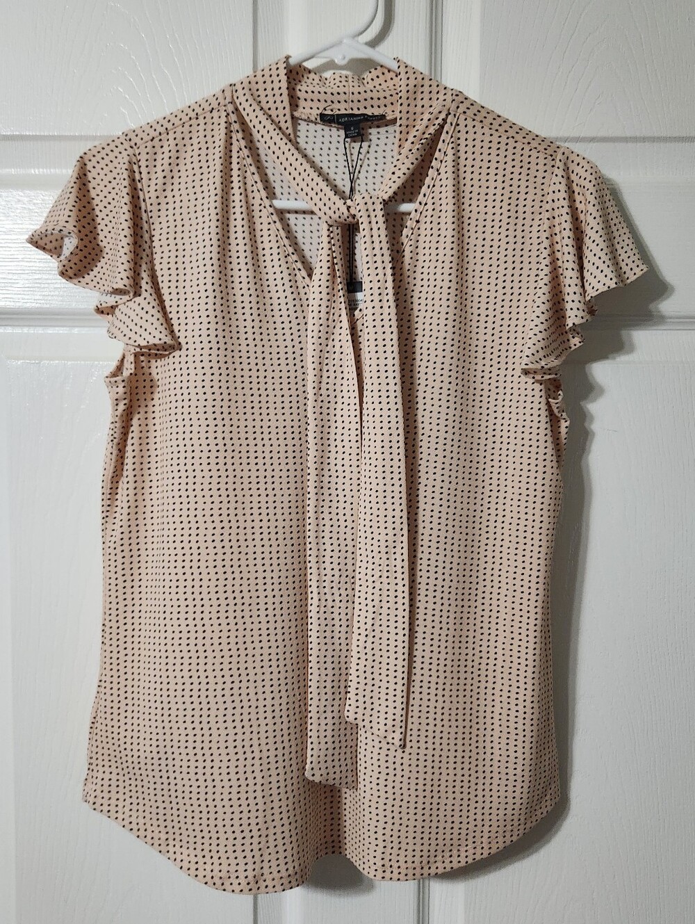 Adrianna Papell Blush Pink With Dots, Tie-Neck Blouse, Size S, NWT
